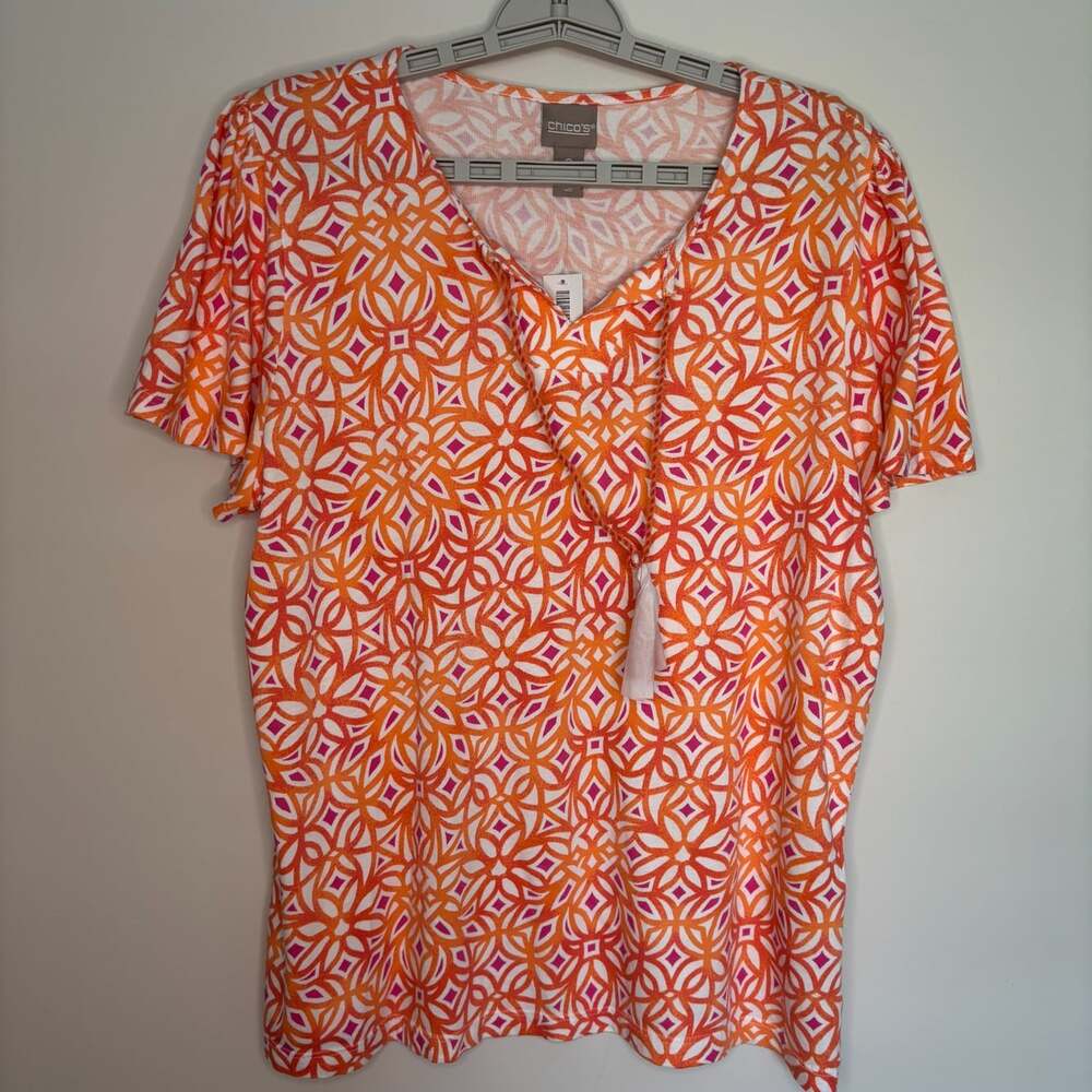 CHICO'S NEW Blurred tiles Notch Neck Tassel Tee Womens L Orange Purple Stretch